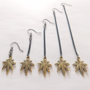 Marijuana Leaf Earrings, Dangle Drop Chain Earrings in Your Choice of Five Lengths