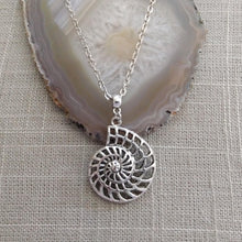 Load image into Gallery viewer, Ammonite Necklace, Silver Fossil Charm Necklace on Cable Chain
