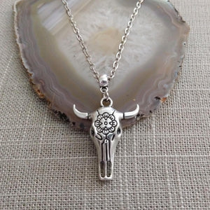 Longhorn Skull Necklace -Mens Skull Pendant on Silver Cable Chain