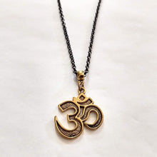 Load image into Gallery viewer, Ohm Aum Necklace - Brass Charm on Gunmetal Rolo Chain - Reiki Zen Yoga Jewelry
