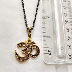 Ohm Aum Necklace - Brass Charm on Gunmetal Rolo Chain - Reiki Zen Yoga Jewelry
