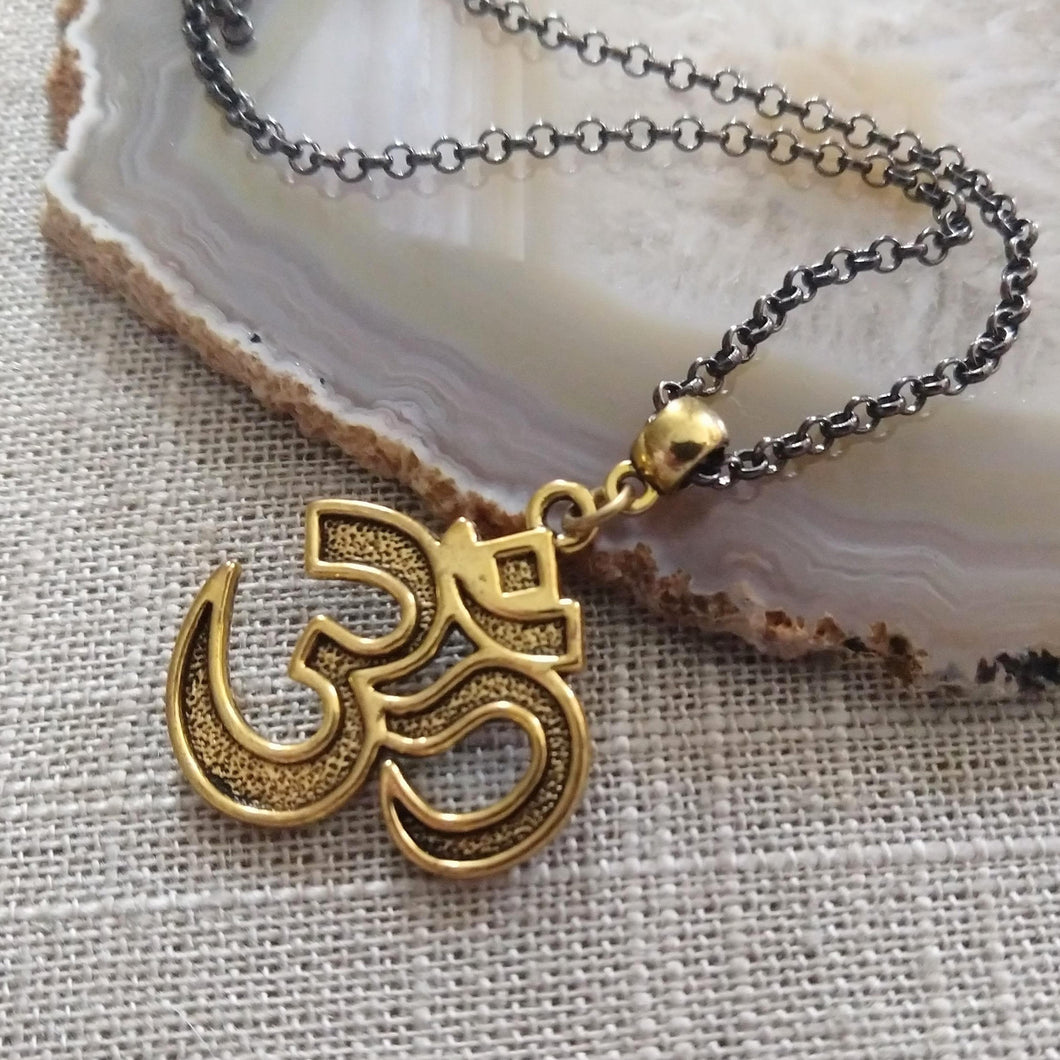 Ohm Aum Necklace - Brass Charm on Gunmetal Rolo Chain - Reiki Zen Yoga Jewelry