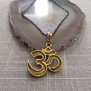 Ohm Aum Necklace - Brass Charm on Gunmetal Rolo Chain - Reiki Zen Yoga Jewelry