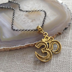 Ohm Aum Necklace - Brass Charm on Gunmetal Rolo Chain - Reiki Zen Yoga Jewelry