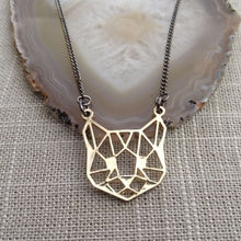 Load image into Gallery viewer, Brass Cat Head Necklace, Cute Animal Face on Thin Gunmetal Chain
