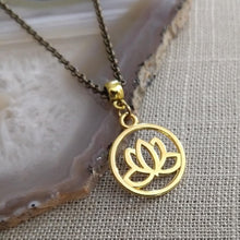 Load image into Gallery viewer, Lotus Flower Necklace, Gold Japanese Lotus Pendant on Bronze Rolo Chain
