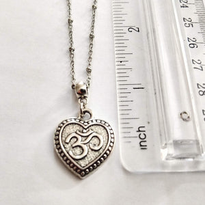 Heart Shaped Ohm Necklace, Aum Yoga Jewelry, Silver Satellite Chain