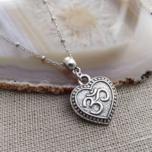 Load image into Gallery viewer, Heart Shaped Ohm Necklace, Aum Yoga Jewelry, Silver Satellite Chain
