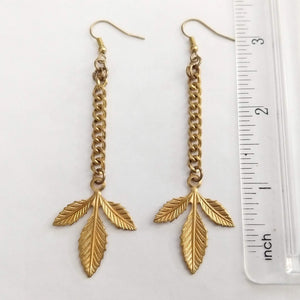 Gold Leaf Earrings, Antique Gold Long Dangle Earrings with Brass Chain