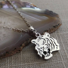 Load image into Gallery viewer, Tiger Necklace, Roaring Cat Pendant on Silver Cable Chain

