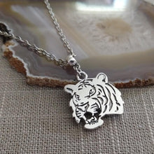 Load image into Gallery viewer, Tiger Necklace, Roaring Cat Pendant on Silver Cable Chain
