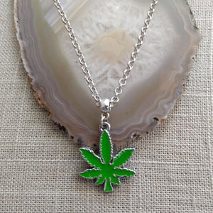 Marijuana Necklace, Green Pot Weed Leaf on Silver Rolo Chain, 420 Stoner Jewelry