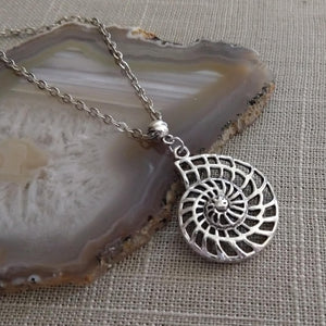 Ammonite Necklace, Silver Fossil Charm Necklace on Cable Chain