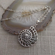 Load image into Gallery viewer, Ammonite Necklace, Silver Fossil Charm Necklace on Cable Chain
