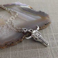 Load image into Gallery viewer, Longhorn Skull Necklace -Mens Skull Pendant on Silver Cable Chain
