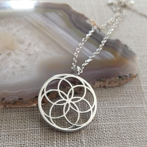 Seed of Life Necklace, Silver Thin Cable Chain, Yoga Meditation Reiki Jewelry