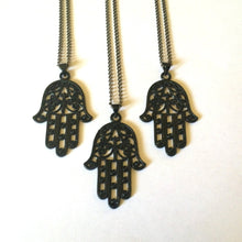 Load image into Gallery viewer, Hamsa Necklace in Black - Hamsa Charm on Thin Gunmetal Chain - Mens Hamsa Necklace
