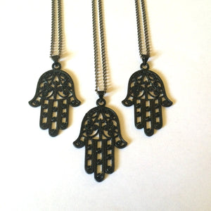 Hamsa Necklace in Black - Hamsa Charm on Thin Gunmetal Chain - Mens Hamsa Necklace