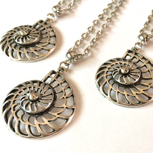 Ammonite Necklace, Silver Fossil Charm Necklace on Cable Chain