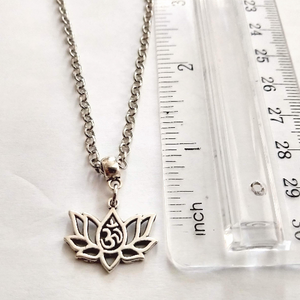 Lotus Flower Ohm Necklace, Hollow Lotuss Pendant on Silver Rolo Chain, Bohemian Yoga Jewelry