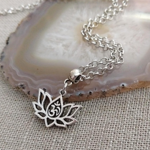 Lotus Flower Ohm Necklace, Hollow Lotuss Pendant on Silver Rolo Chain, Bohemian Yoga Jewelry