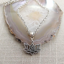Load image into Gallery viewer, Lotus Flower Ohm Necklace, Hollow Lotuss Pendant on Silver Rolo Chain, Bohemian Yoga Jewelry
