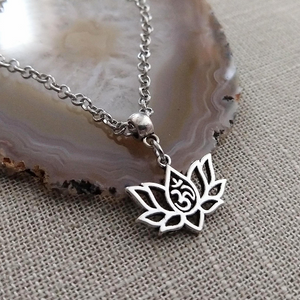 Lotus Flower Ohm Necklace, Hollow Lotuss Pendant on Silver Rolo Chain, Bohemian Yoga Jewelry