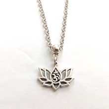 Load image into Gallery viewer, Lotus Flower Ohm Necklace, Hollow Lotuss Pendant on Silver Rolo Chain, Bohemian Yoga Jewelry
