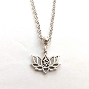 Lotus Flower Ohm Necklace, Hollow Lotuss Pendant on Silver Rolo Chain, Bohemian Yoga Jewelry